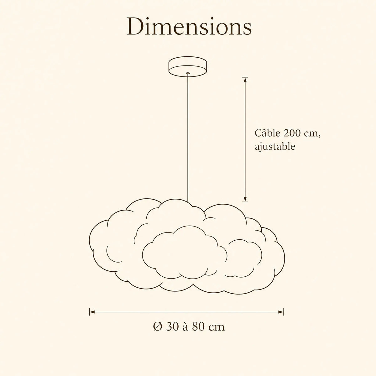 Schéma coté de la suspension Nébyla, diamètre de 30 à 80 cm et câble ajustable de 200 cm