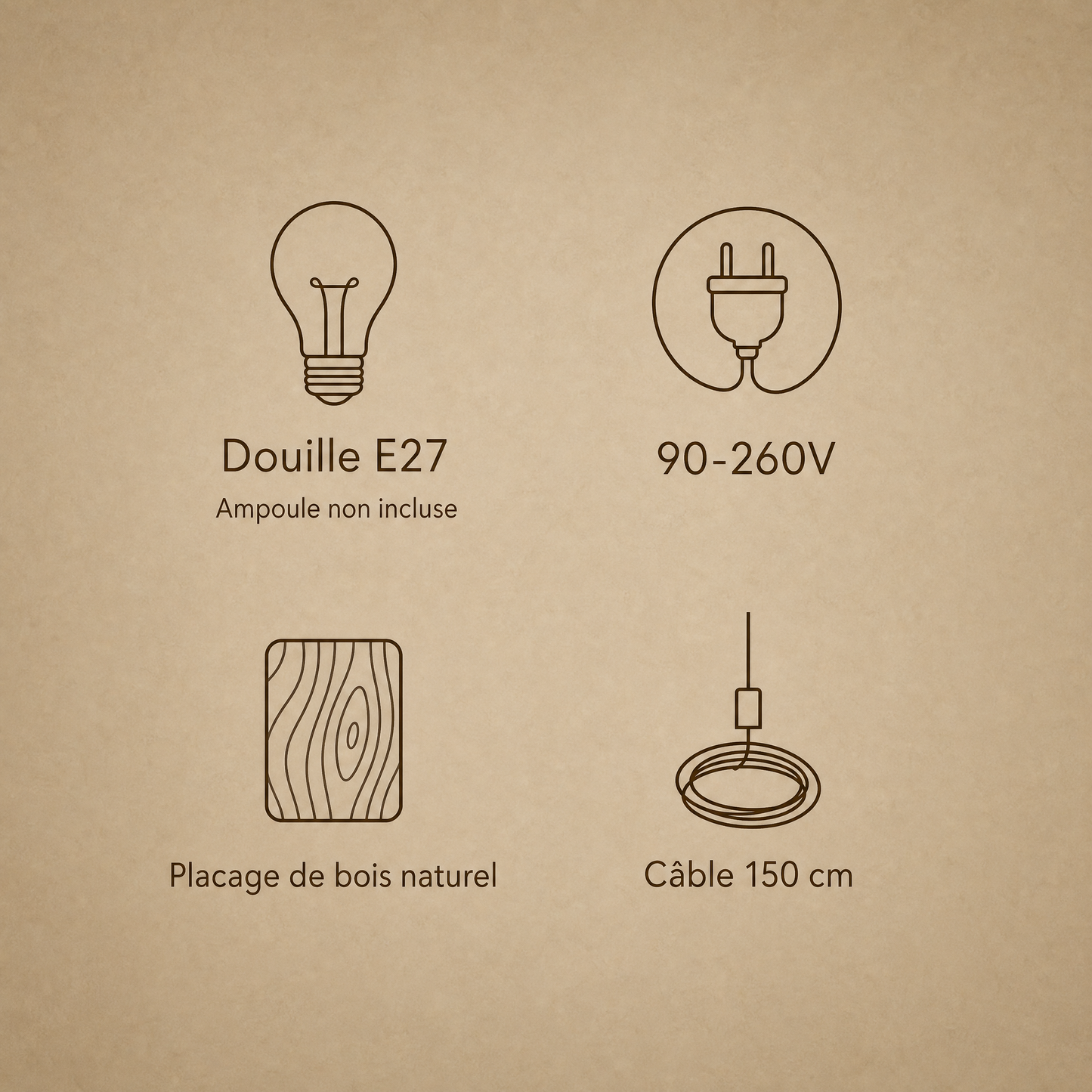 Caractéristiques du lustre bois Kumoya : douille E27, 90-260V, placage de bois naturel, câble 150 cm | Delvanie