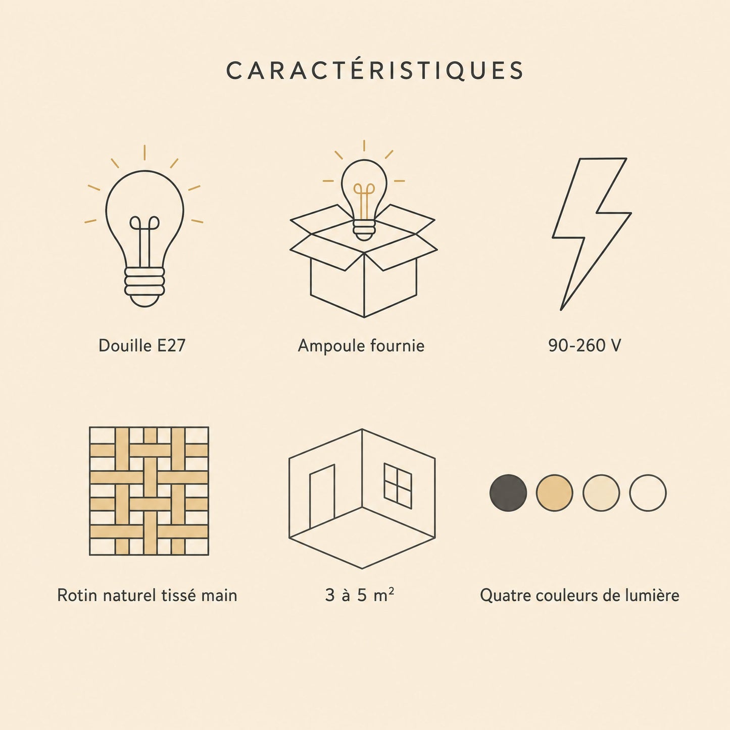 Caractéristiques de la suspension en osier Hanomi, douille E27 et ampoule fournie | Delvanie