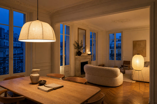 Salon et salle à manger haussmanniens éclairés par une suspension et un lampadaire | Delvanie