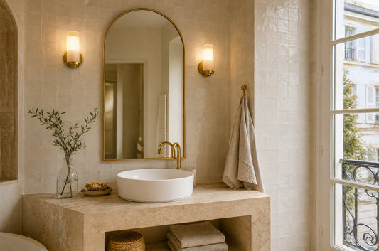 Salle de bain en travertin avec deux appliques allumées de part et d'autre du miroir | Delvanie
