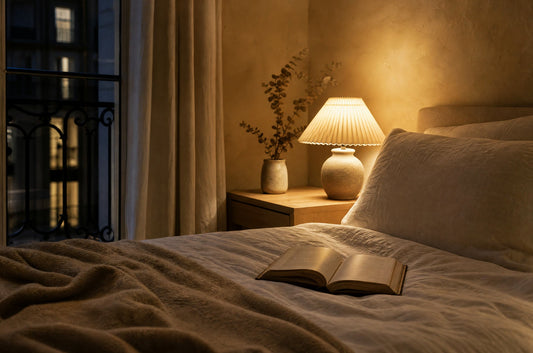 Lampe de chevet allumée sur une table de nuit, livre ouvert sur le lit | Delvanie