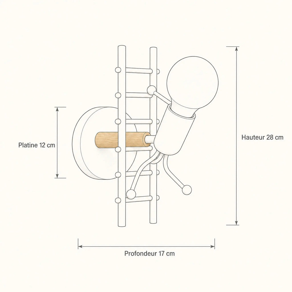 Schema cote de l applique murale Divaro, hauteur 28 cm, platine 12 cm, profondeur 17 cm
