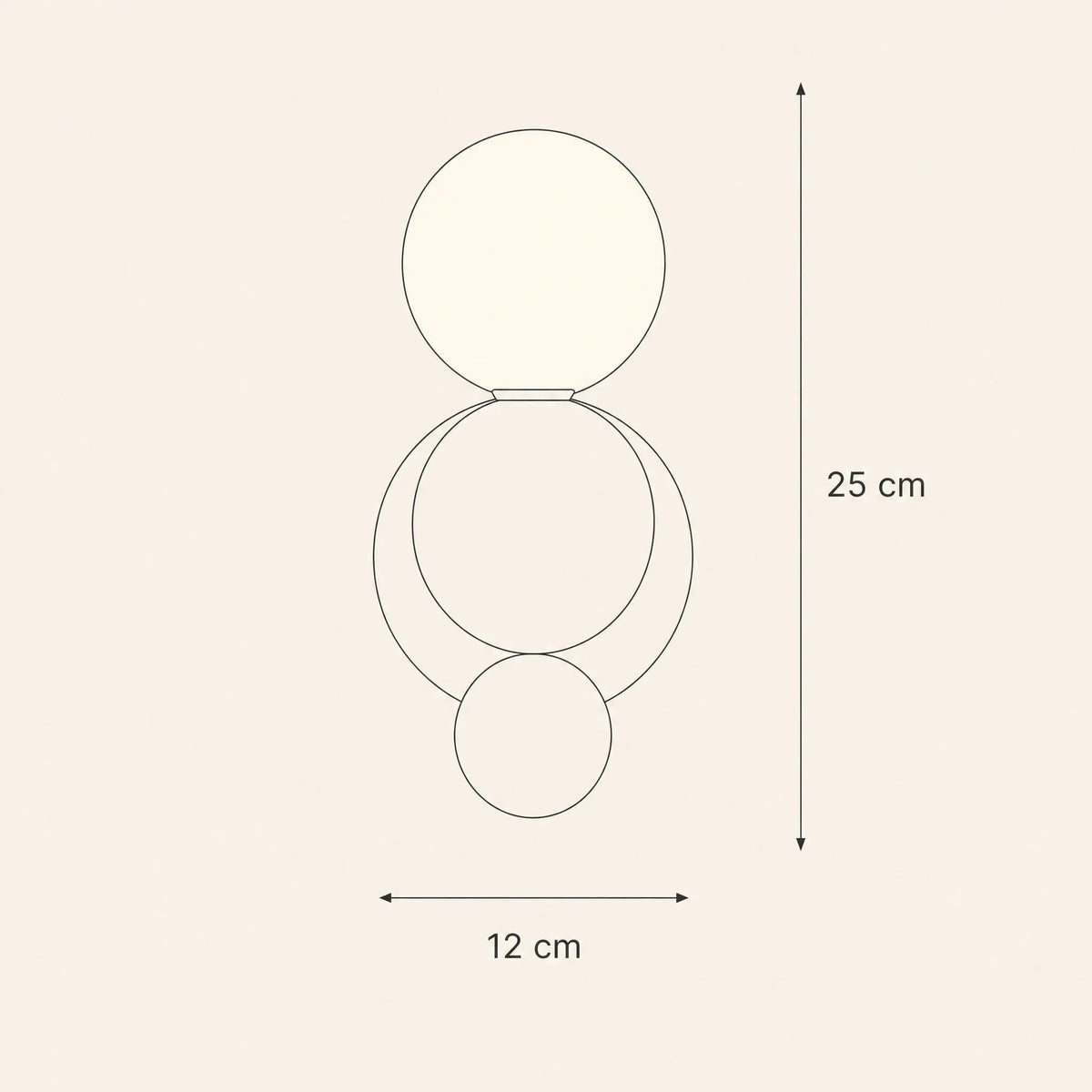 Schéma coté de l'applique murale boule, 12 cm de large sur 25 cm de haut