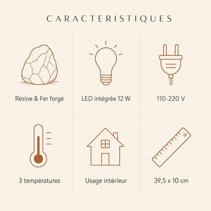Caractéristiques de l'applique murale Ardélya, résine et fer forgé, LED intégrée, 3 températures | Delvanie
