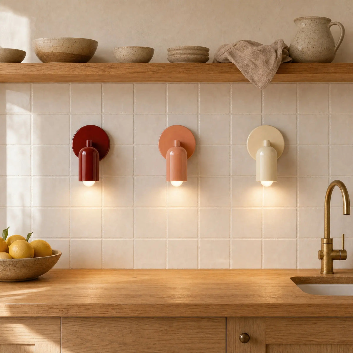 Trois appliques murales Nolvina allumées en rouge brique, rose corail et crème sur un mur carrelé de cuisine