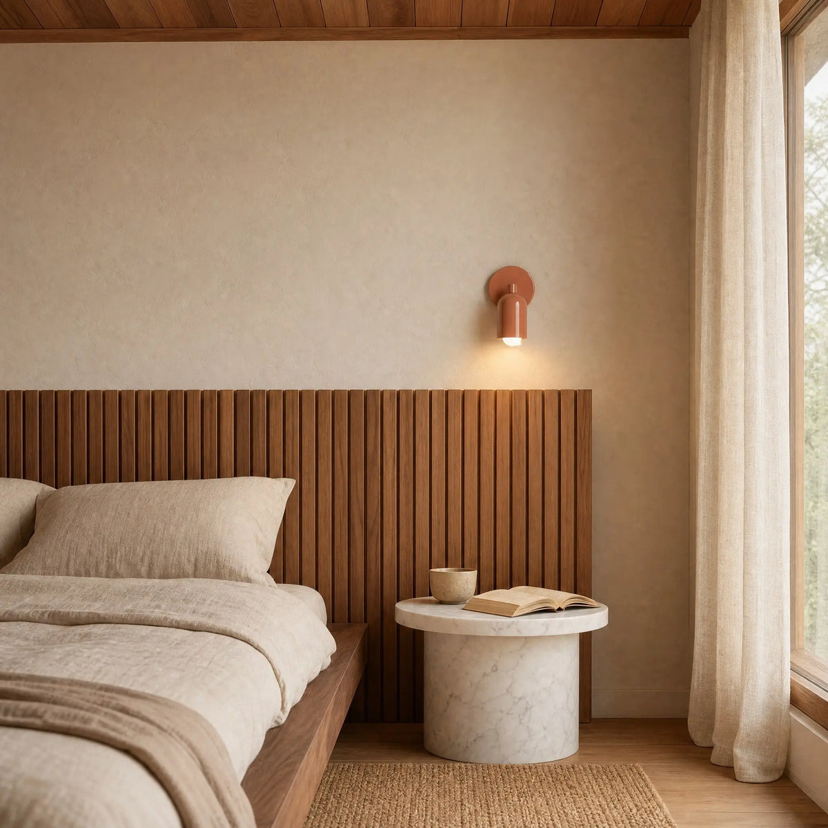Applique murale Nolvina rose corail allumée au-dessus d'une tête de lit en bois dans une chambre