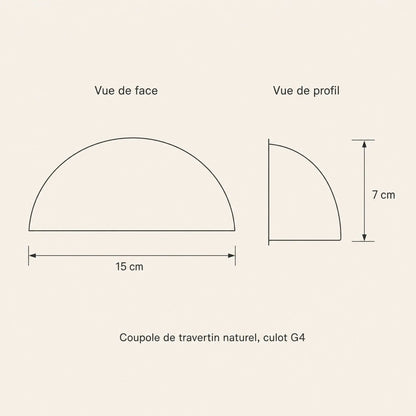 Schéma coté de l'applique murale demi-lune, 15 cm de large et 7 cm de haut | Delvanie