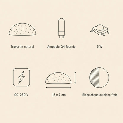 Caractéristiques de l'applique murale demi-lune en travertin, culot G4 et 90-260 V | Delvanie