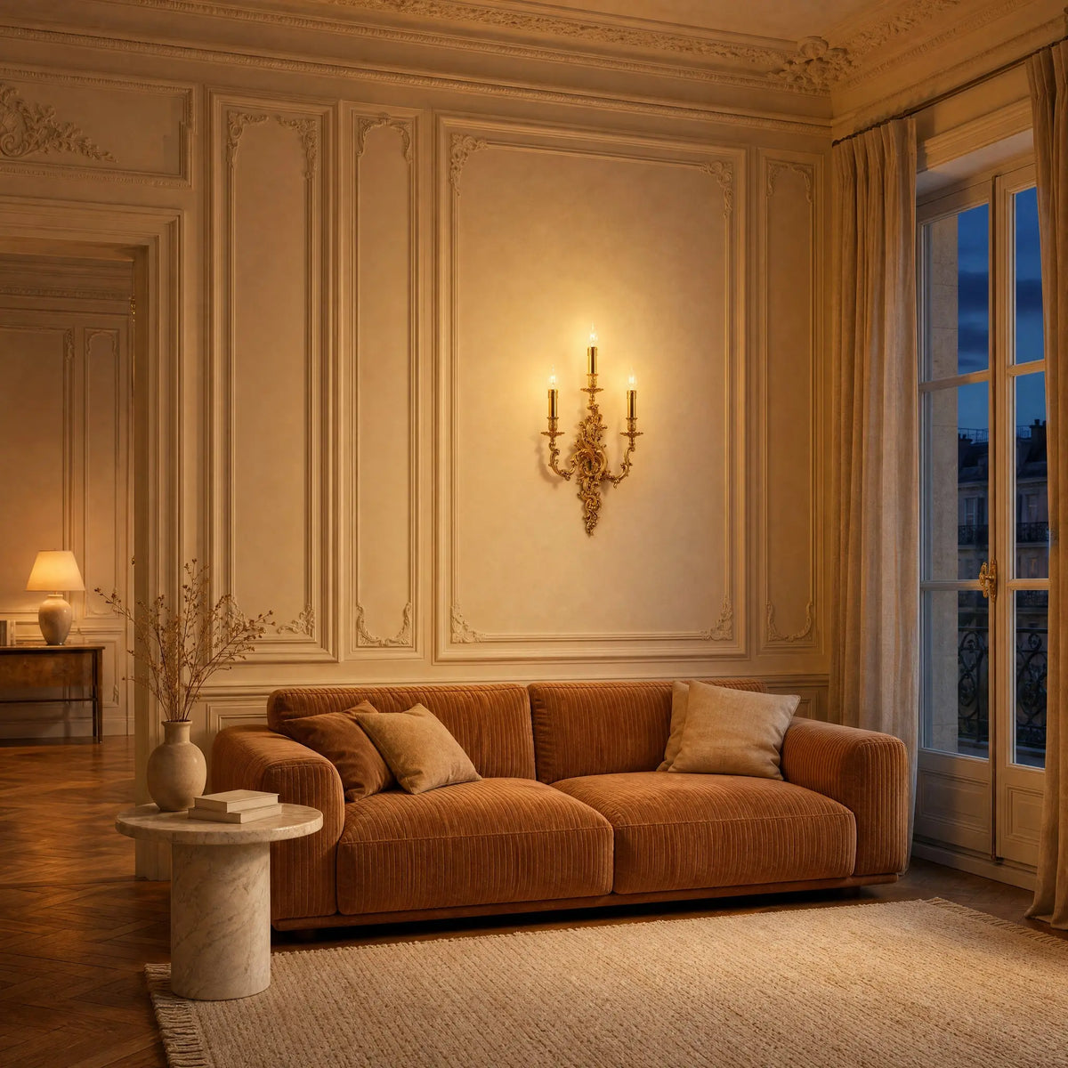 Applique murale dorée allumée au-dessus d'un canapé velours caramel dans un salon à boiseries, au crépuscule | Delvanie