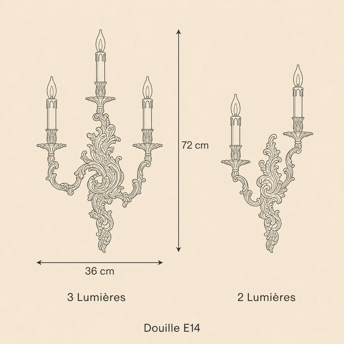 Schéma coté de l'applique murale dorée, modèle 3 lumières 36 x 72 cm et modèle 2 lumières, douille E14 | Delvanie
