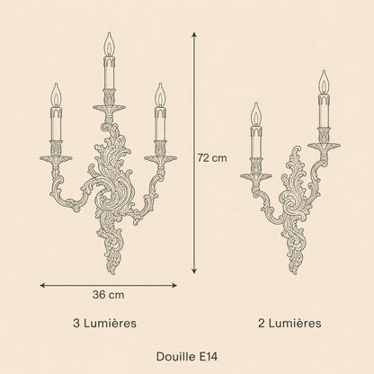 Schéma coté de l'applique murale dorée, modèle 3 lumières 36 x 72 cm et modèle 2 lumières, douille E14 | Delvanie