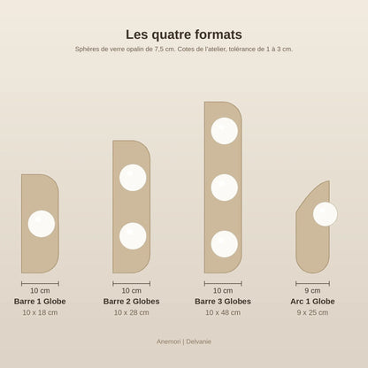 Schéma coté des quatre formats de l'applique murale globe en travertin