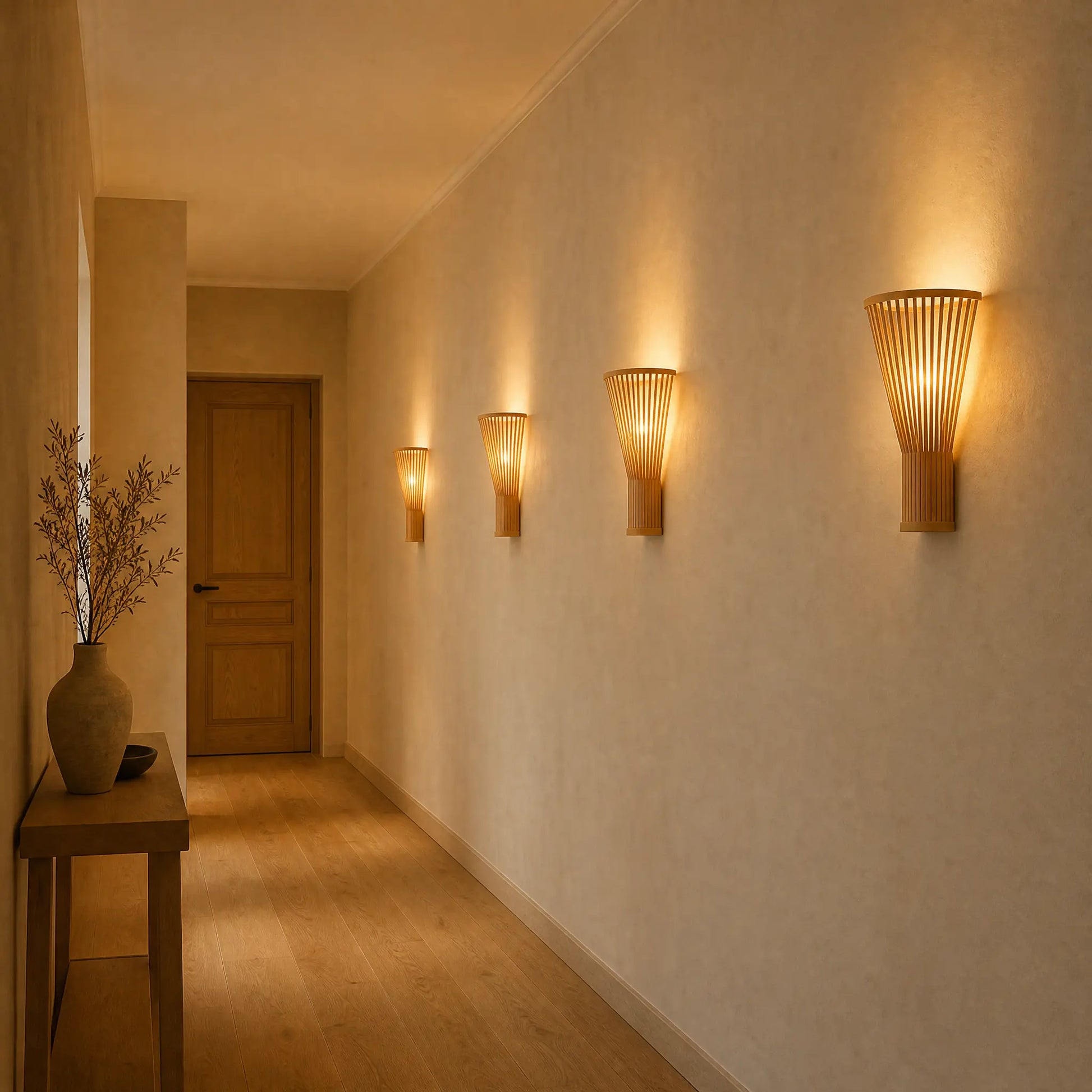 Enfilade d'appliques murales japonaises Kazéya allumées dans un couloir | Delvanie