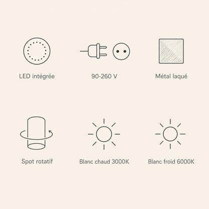 Caractéristiques de l'applique murale spot, LED intégrée, 90-260 V, métal laqué