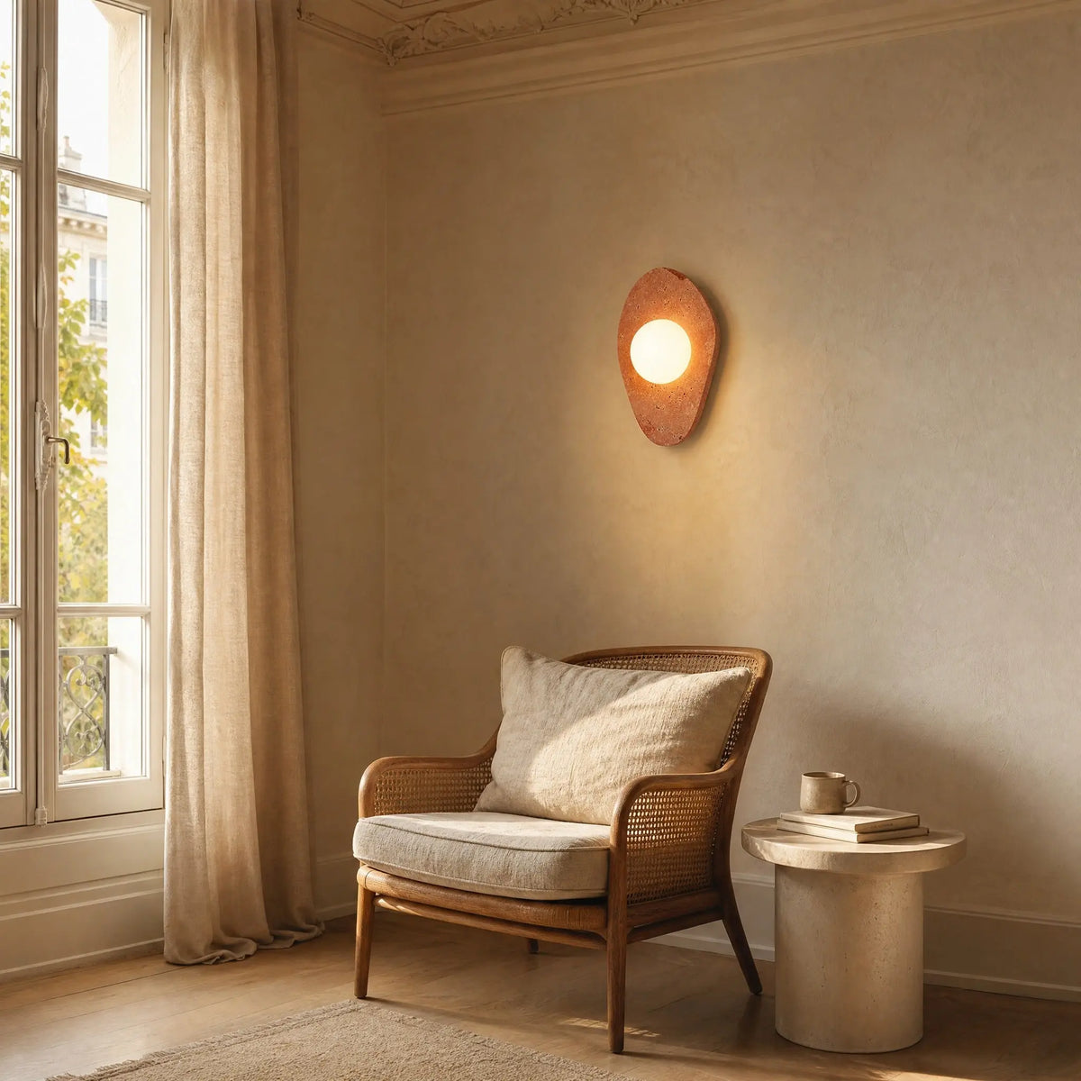 Applique murale terracotta format Galet allumée au-dessus d'un fauteuil en cannage dans un coin lecture