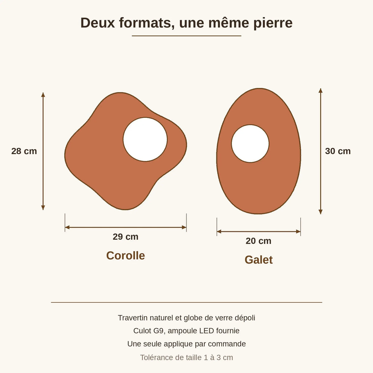 Schéma coté des deux formats d'applique murale terracotta, Corolle 29 x 28 cm et Galet 20 x 30 cm