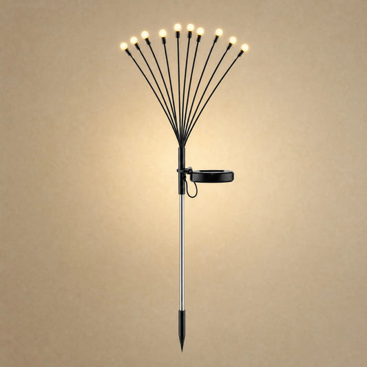 Piquet solaire de jardin a dix lucioles sur tiges souples, acier inoxydable et panneau solaire orientable | Delvanie