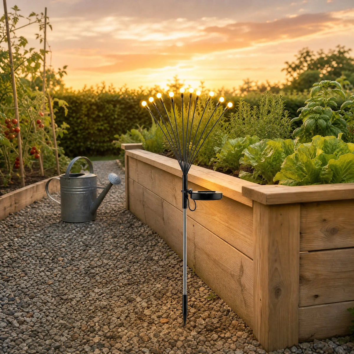 Eclairage solaire jardin plante au pied d un potager sureleve en bois au coucher du soleil