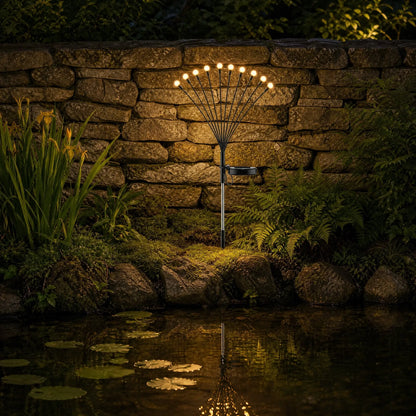 Lucioles solaires allumees au bord d un bassin de jardin, reflets dores sur l eau la nuit