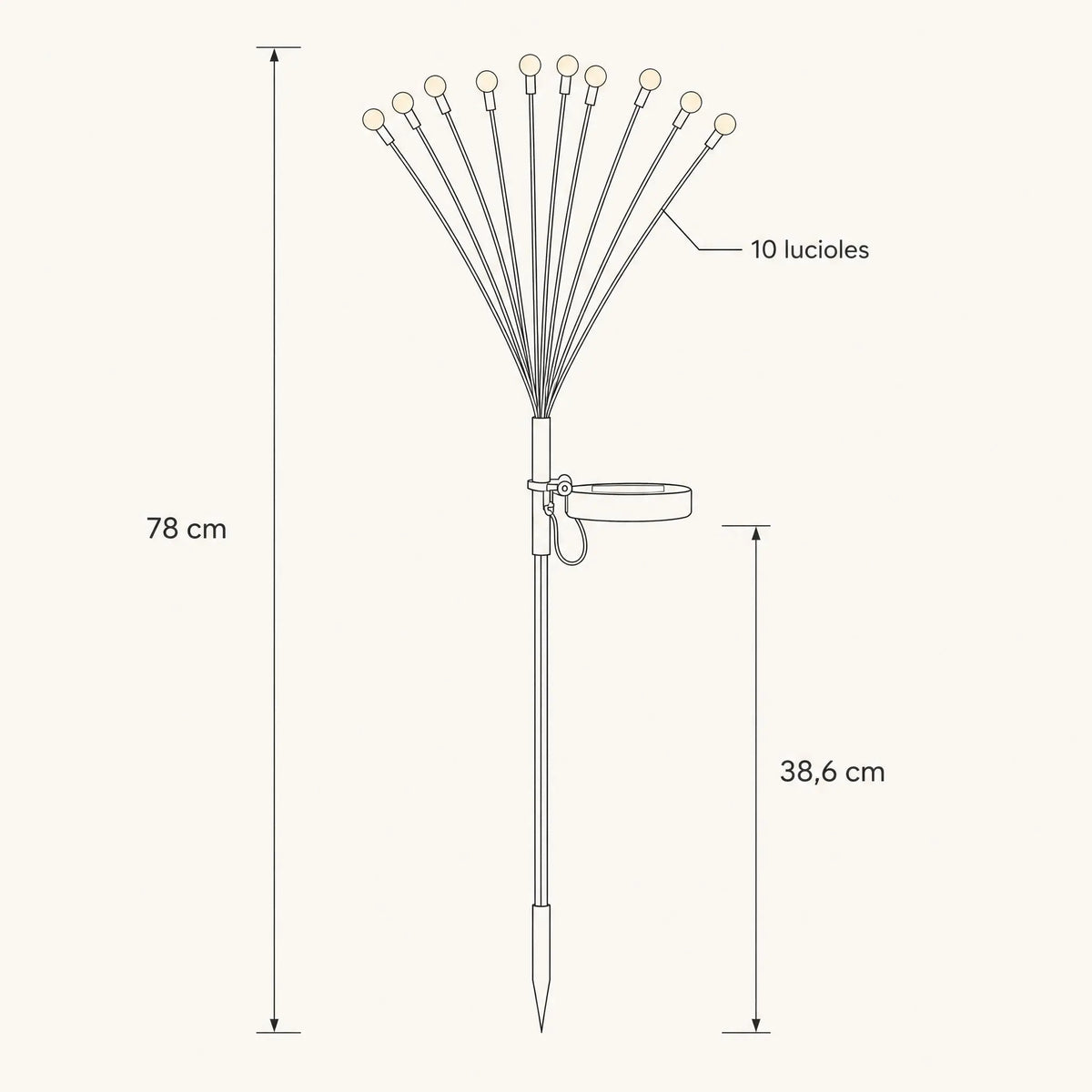 Schema cote du piquet solaire, hauteur totale 78 cm, piquet 38,6 cm, dix lucioles