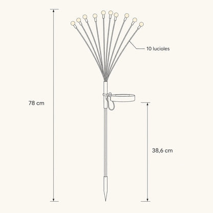 Schema cote du piquet solaire, hauteur totale 78 cm, piquet 38,6 cm, dix lucioles