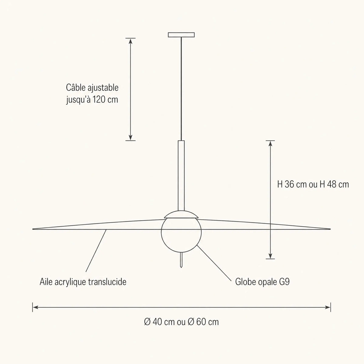 Schéma coté de la suspension Marlova, Ø 40 ou Ø 60 cm, hauteur 36 ou 48 cm, câble ajustable 120 cm | Delvanie