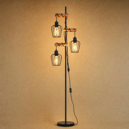 Lampadaire industriel bois et métal noir, 3 têtes à cages et ampoules Edison | Delvanie