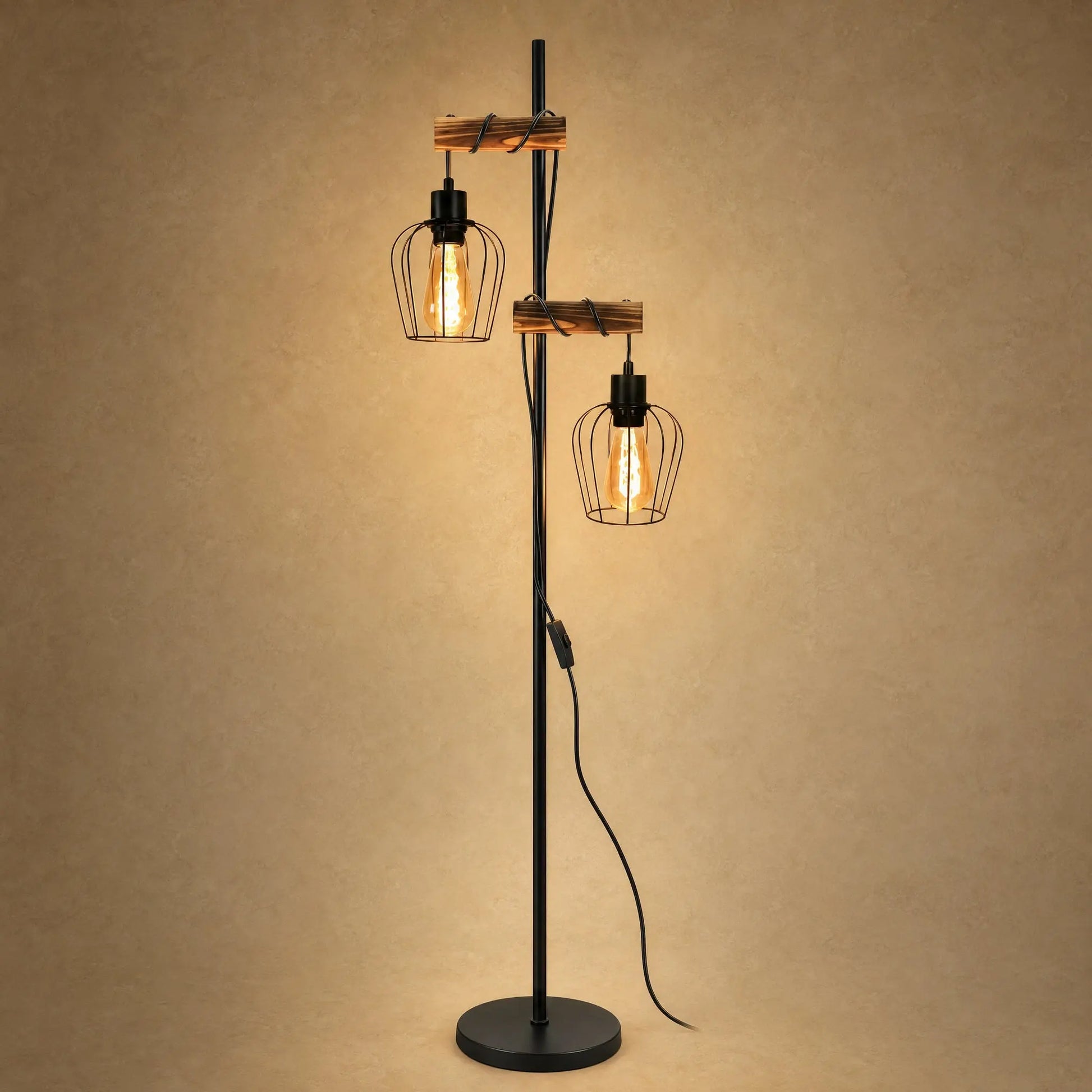 Lampadaire industriel 2 têtes, cages en fer noir et bois ambré | Delvanie