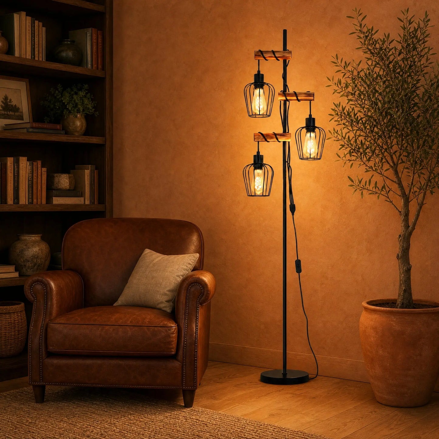 Lampadaire industriel 3 têtes allumé dans un salon au fauteuil cuir cognac | Delvanie