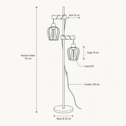 Schéma coté du lampadaire Lignéa, hauteur 151 cm et base 22 cm | Delvanie