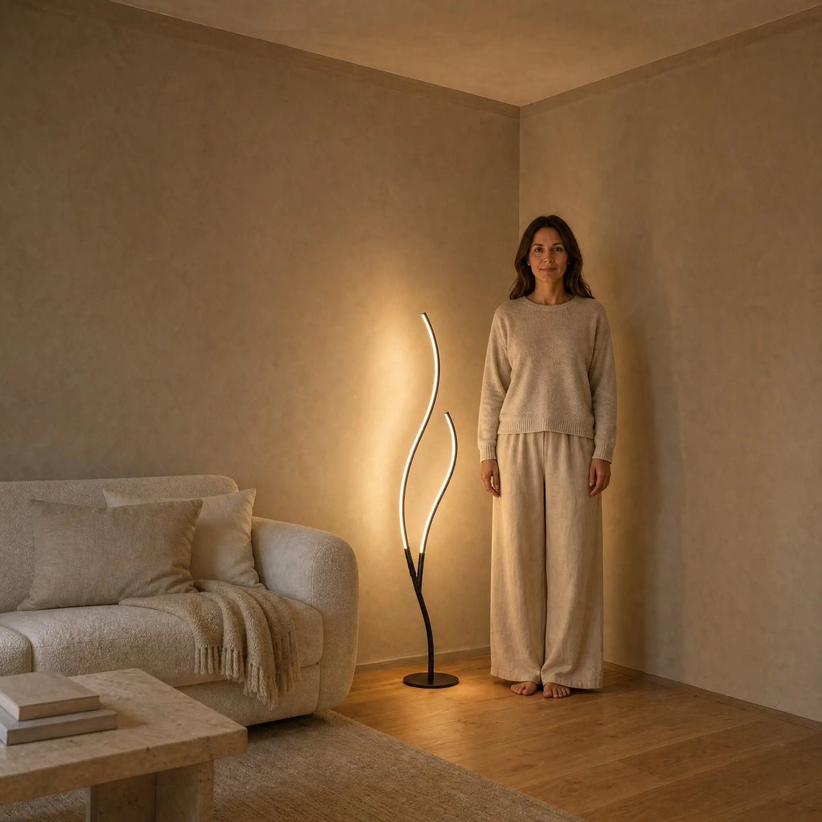 Lampadaire LED Ramillo allumé dans un angle de séjour contemporain à la tombée de la nuit