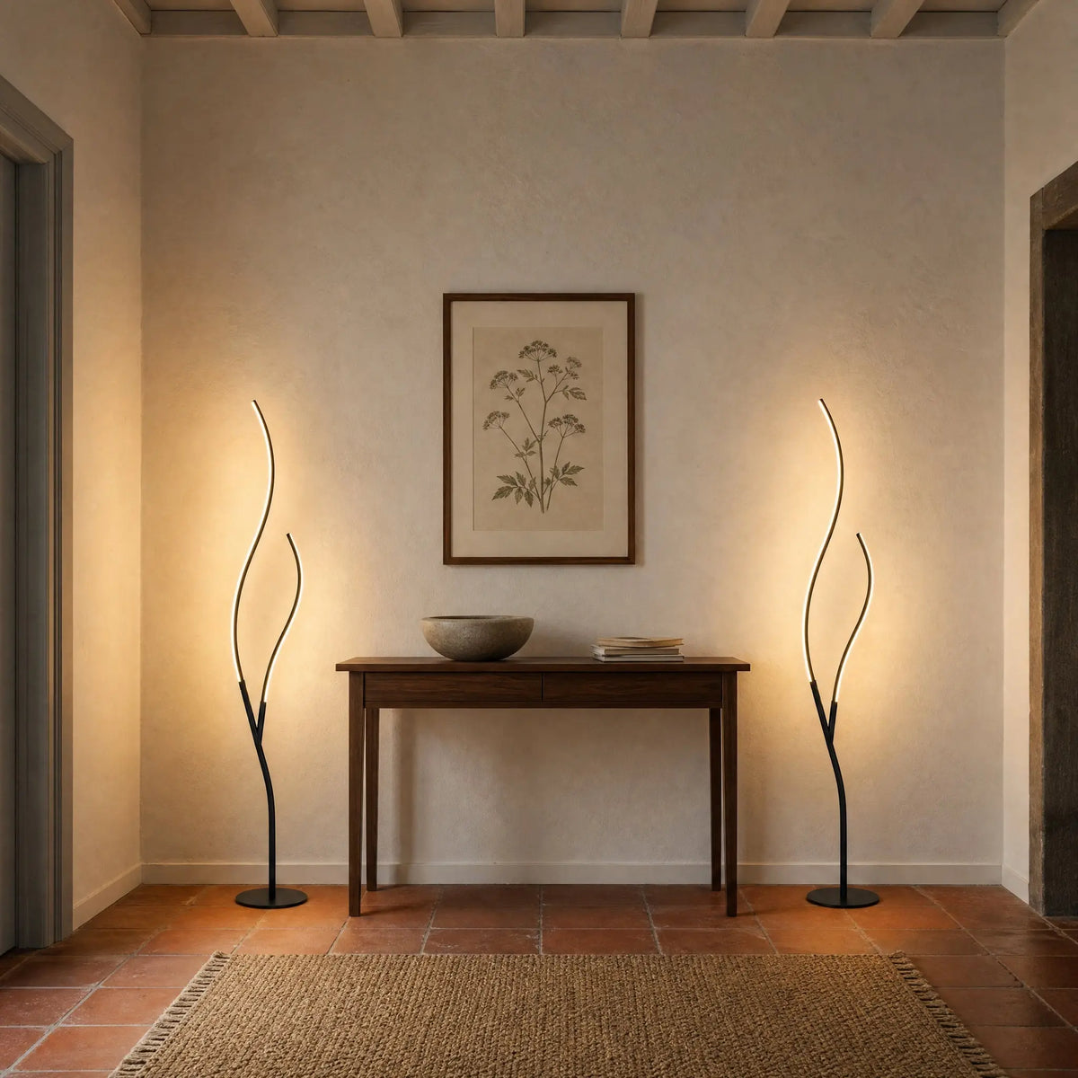 Paire de lampadaires LED Ramillo allumés de part et d'autre d'une console d'entrée