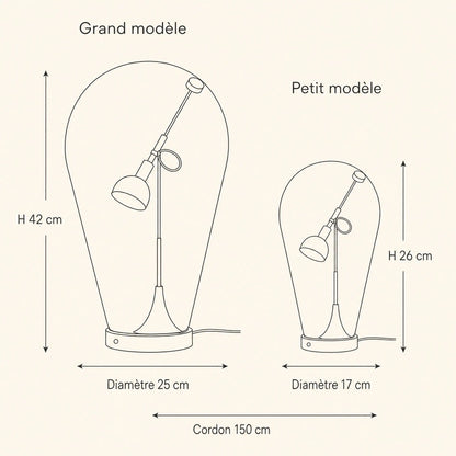 Schéma coté de la lampe chromée, grand modèle et petit modèle | Delvanie