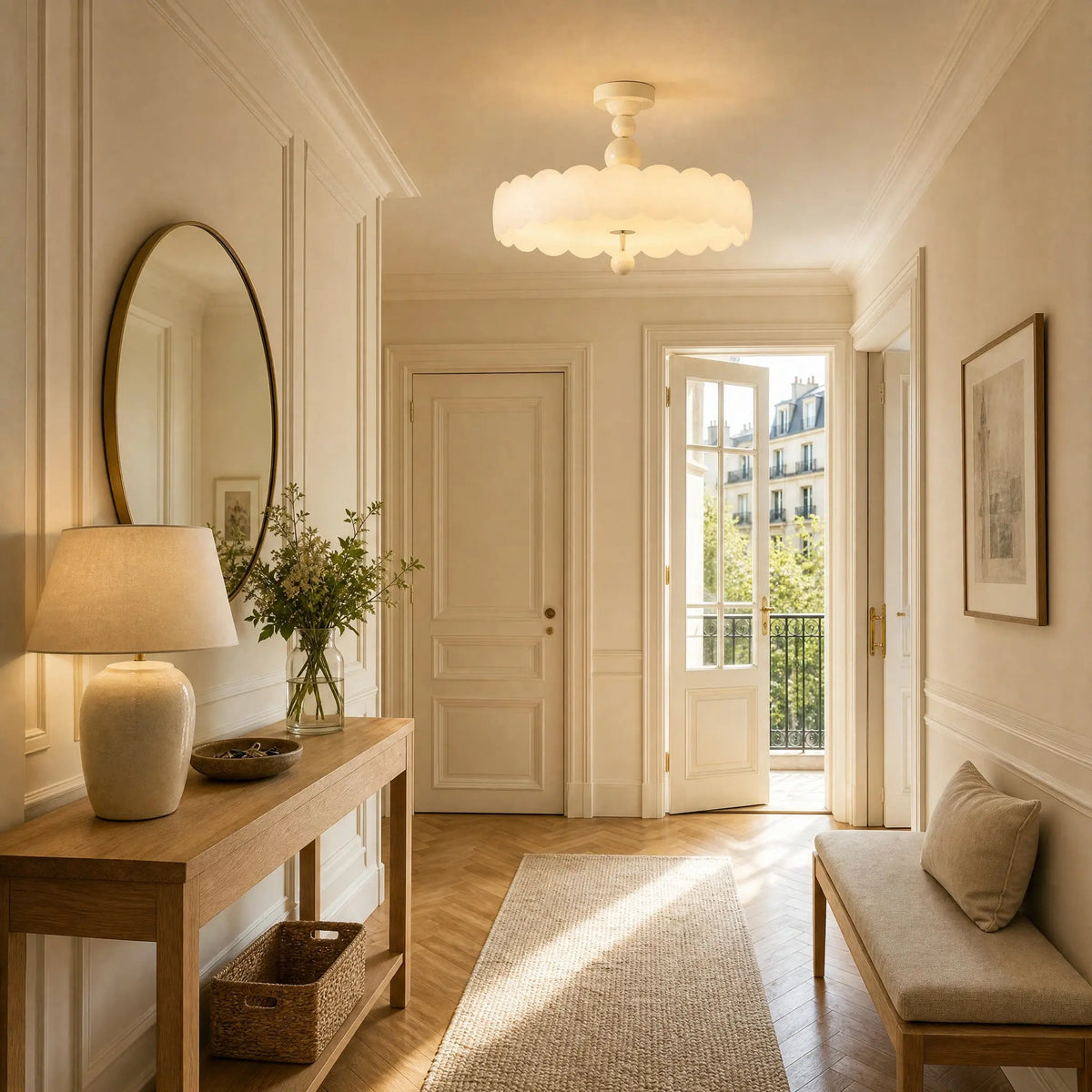 Plafonnier Nuvella blanc allumé dans une entrée lumineuse avec console en bois et miroir rond