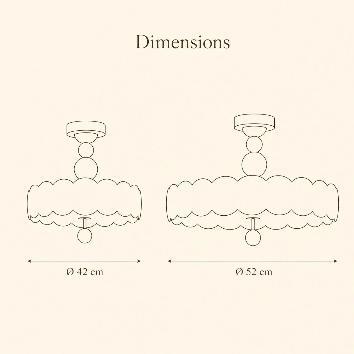 Schéma coté du plafonnier Nuvella en deux tailles, diamètres de 42 cm et 52 cm