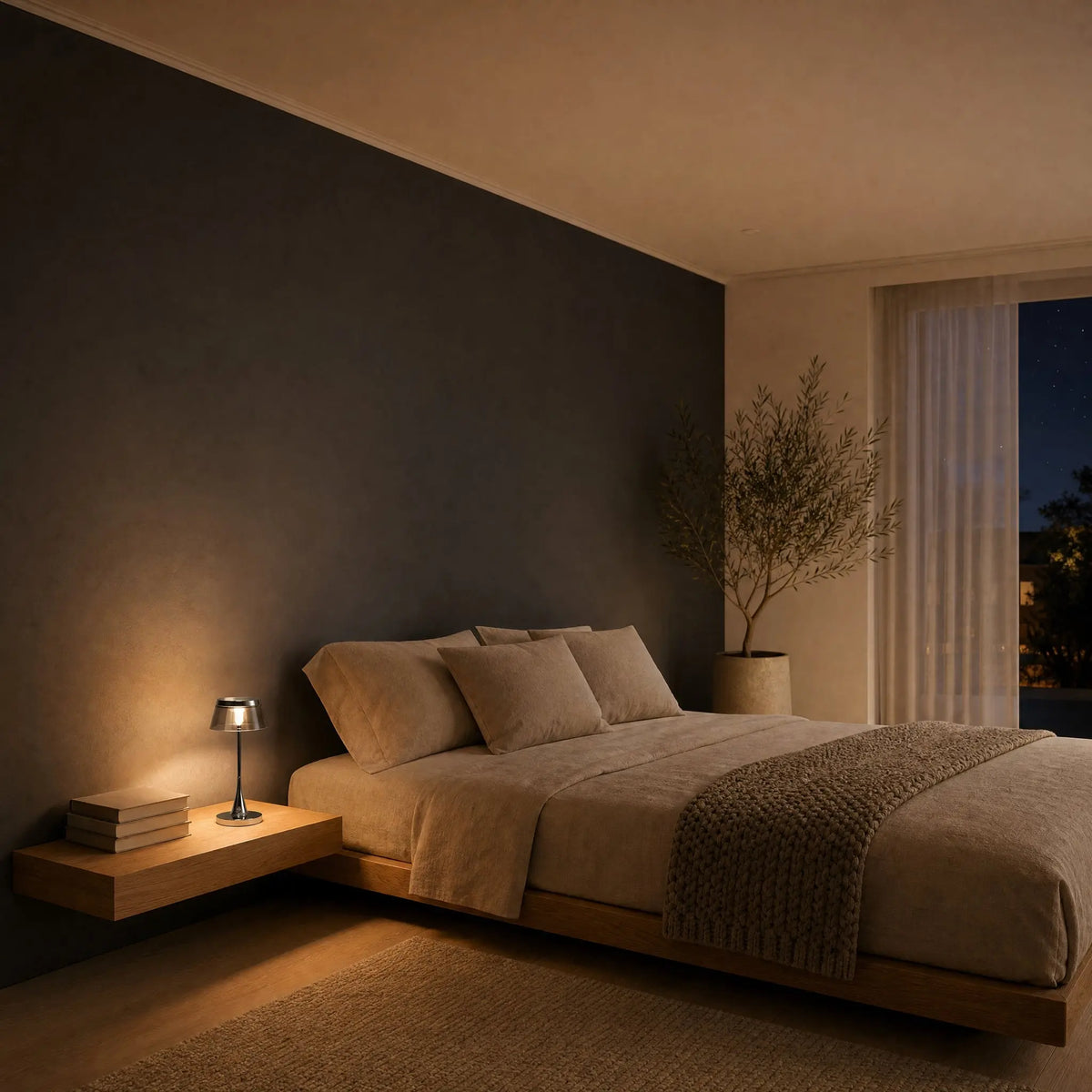 Lampe rechargeable Sévali gris fumé en veilleuse sur un chevet flottant en chêne, chambre contemporaine la nuit | Delvanie