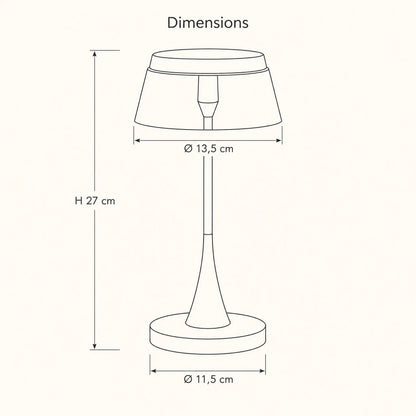 Schéma coté de la lampe rechargeable Sévali, abat-jour 13,5 cm, hauteur 27 cm, socle 11,5 cm | Delvanie