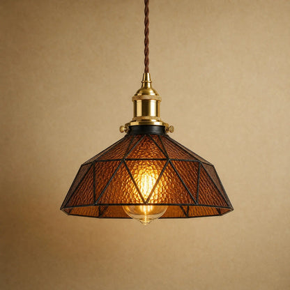 Lampe vitrail Mosaira, coupole facettée en verre cathédrale brun thé sertie de plomb noir