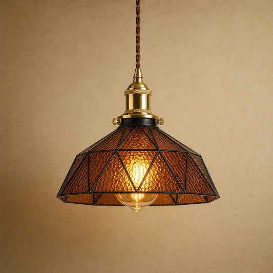 Lampe vitrail Mosaira, coupole facettée en verre cathédrale brun thé sertie de plomb noir | Delvanie