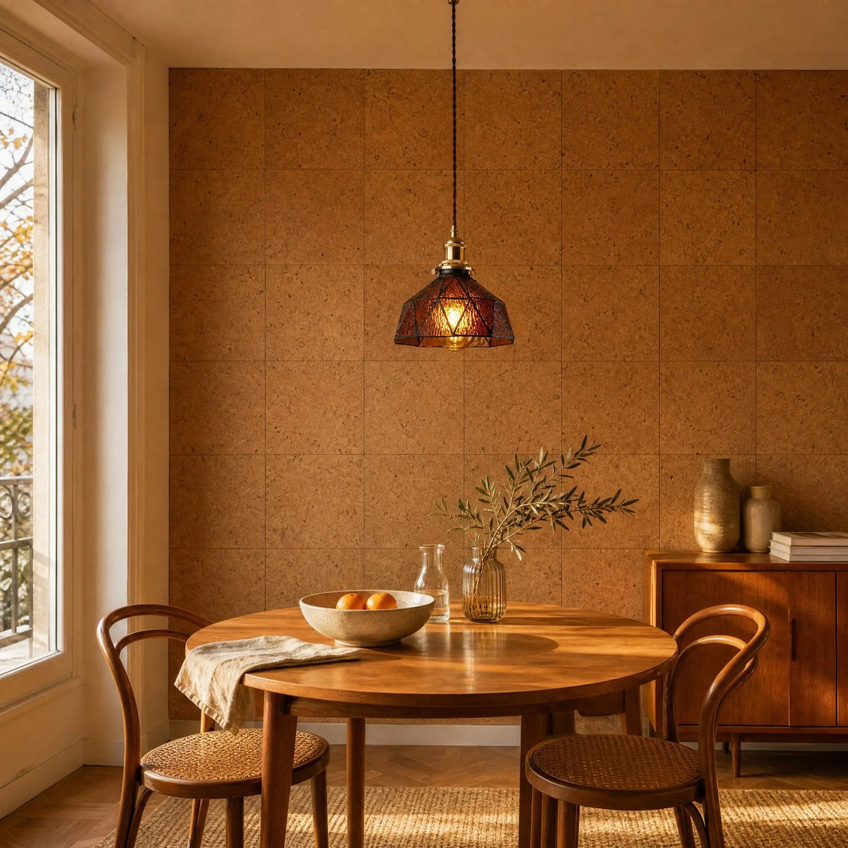 Lampe vitrail Mosaira allumée au-dessus d'une table ronde en teck, mur de liège naturel