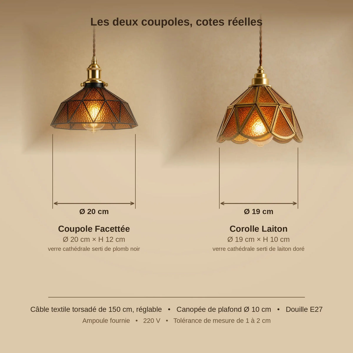 Schéma coté des deux coupoles Mosaira, Ø 20 cm et Ø 19 cm, câble de 150 cm