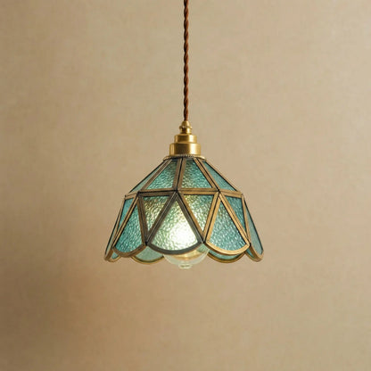 Lampe vitrail Mosaira, corolle en verre bleu turquoise sertie de laiton doré