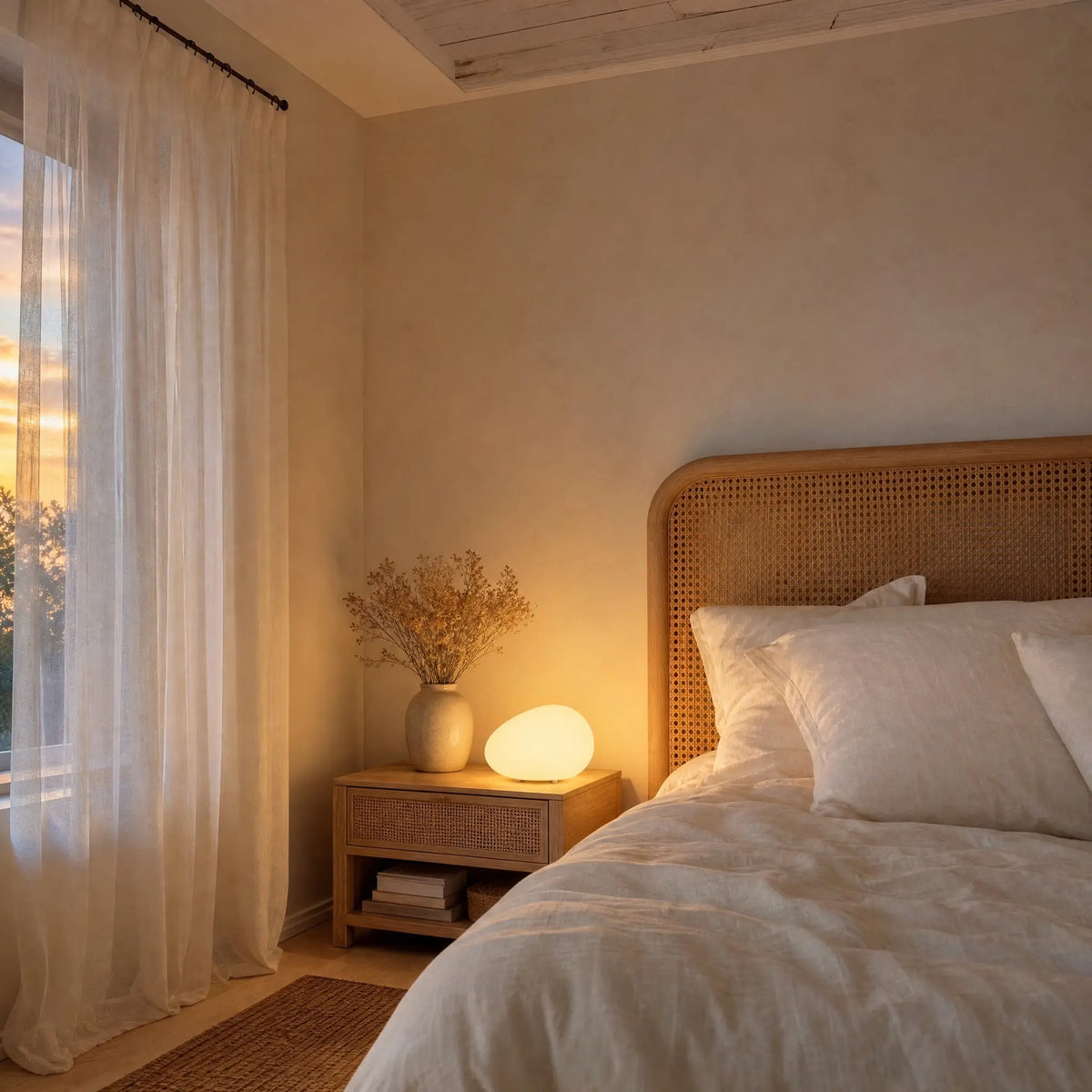 Lampe à poser galet Sassolia allumée sur un chevet en bois blanchi dans une chambre romantique au crépuscule