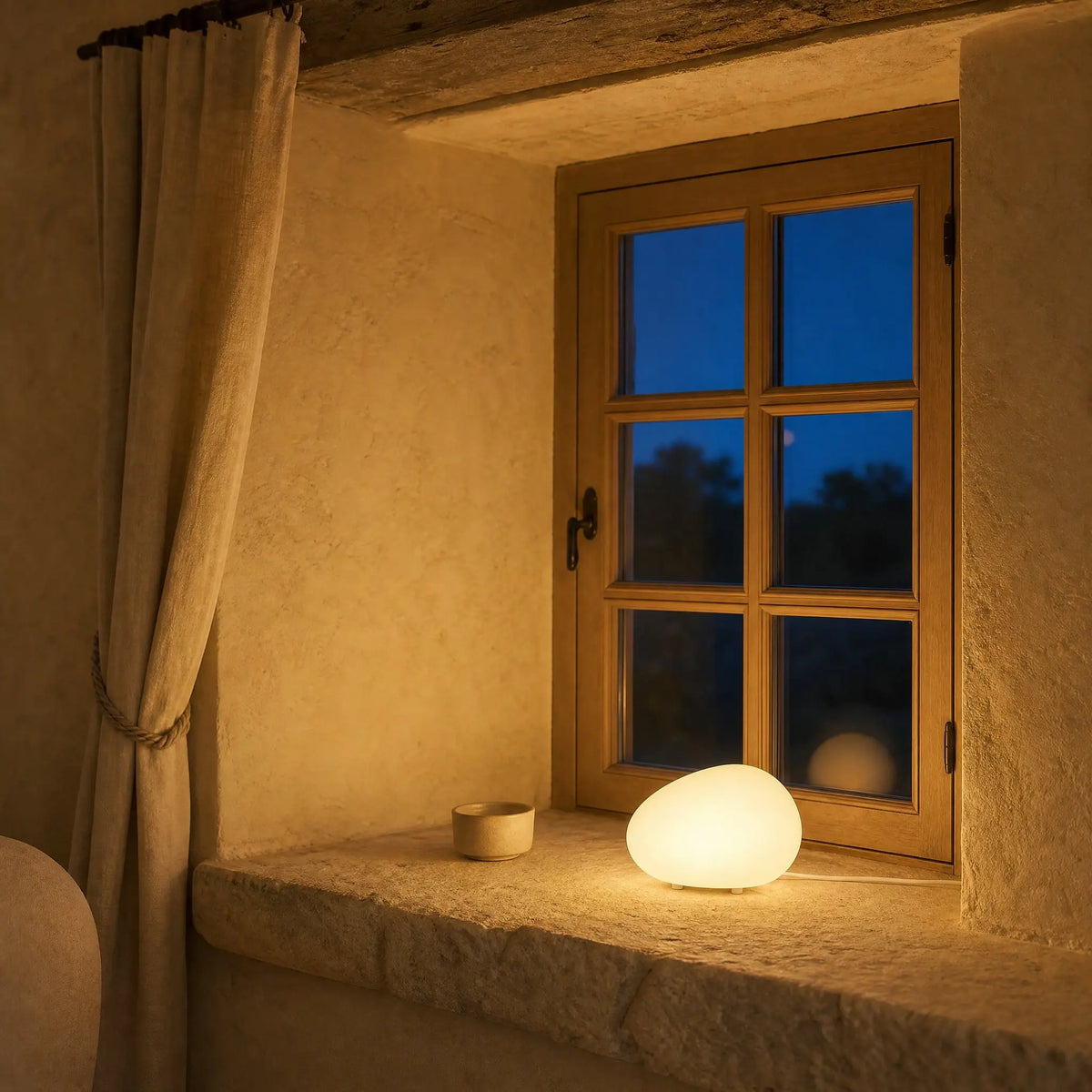 Lampe galet Sassolia 22 cm allumée sur un appui de fenêtre en pierre au soir
