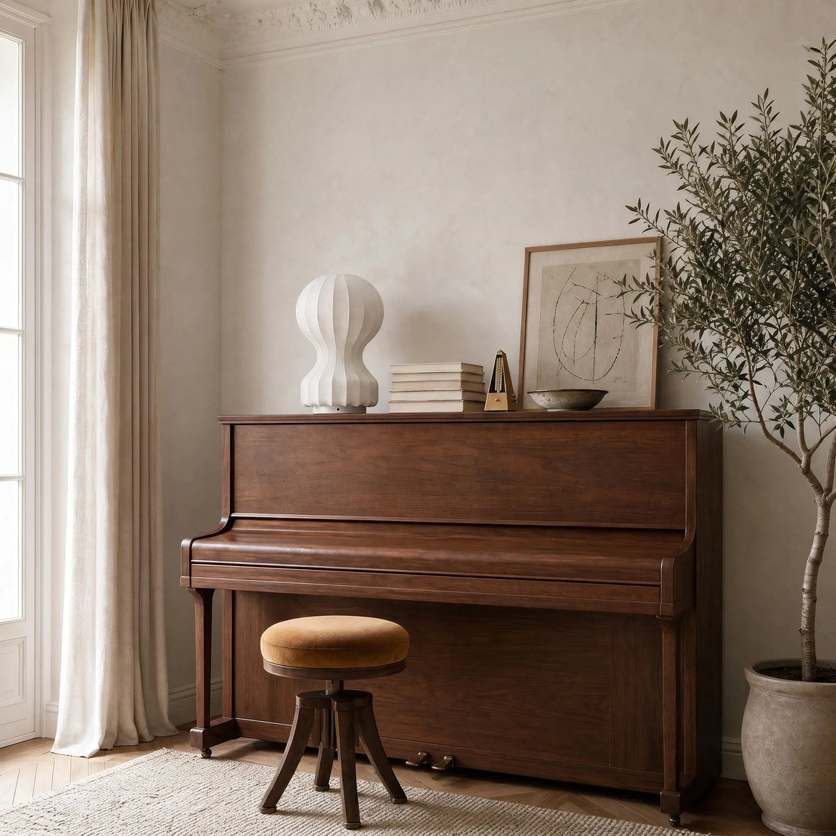 Lampe d'ambiance cocon posee sur un piano droit en noyer, en plein jour | Delvanie