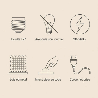 Caracteristiques de la lampe d'ambiance cocon, douille E27 et cordon a prise | Delvanie