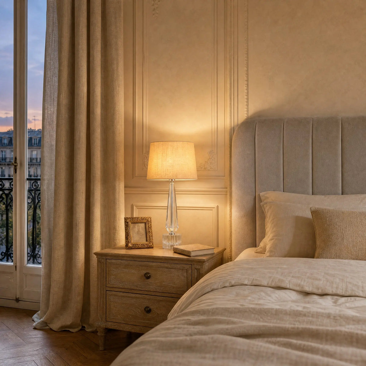 Lampe de chevet cristal Perlanya allumée sur un chevet, chambre au crépuscule | Delvanie