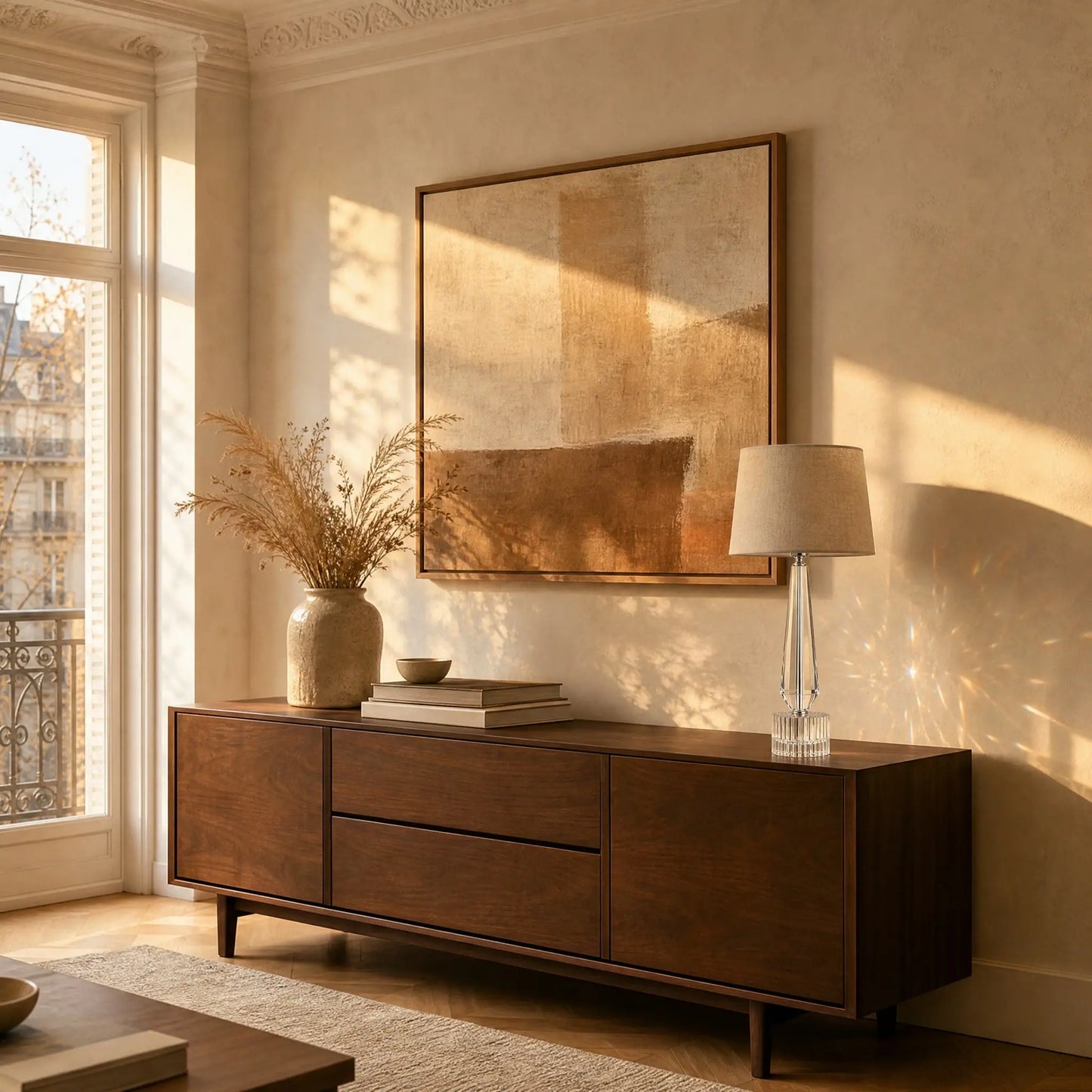Lampe de chevet cristal Perlanya sur une enfilade de salon, lumière dorée | Delvanie