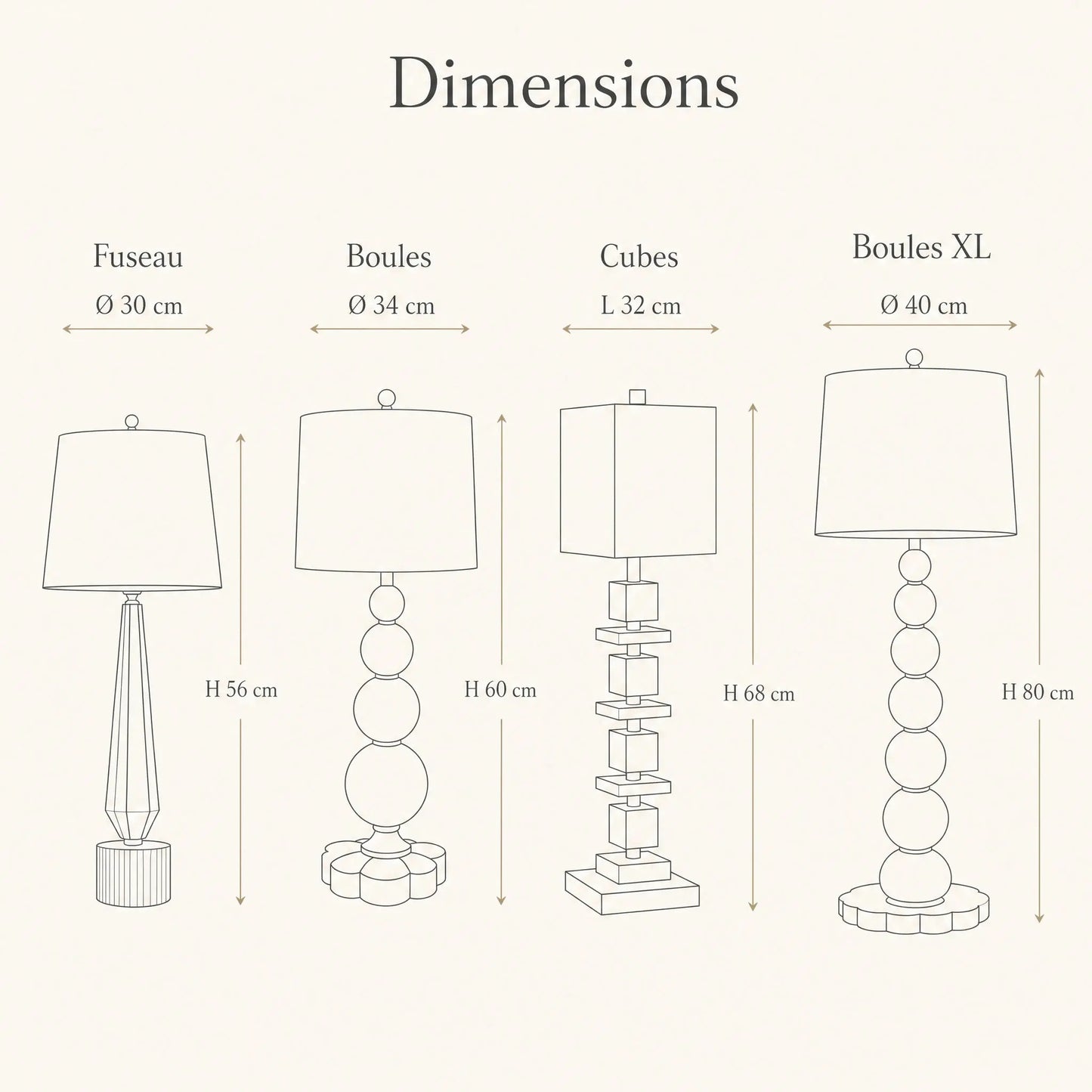 Dimensions des quatre silhouettes de la lampe Perlanya | Delvanie